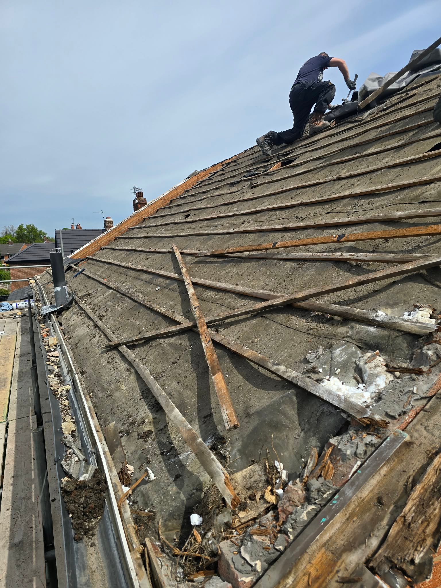Roof stripped back before re-roof in Barnsley